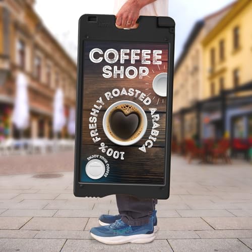 Jumbl A-Frame Signboard 15.7” x 26” Display Surface – Small Outdoor Sandwich Board w/Weather Resistant PVC Sign Protector & Sand Fill Holes – Dual Signage Stand for Storefront Sidewalk Curb (Black)
