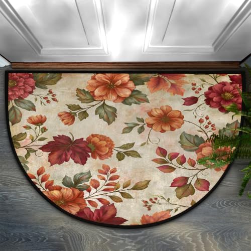 Autumn Flowers Half Round Door Mat Non Slip Washable Semi Circle Area Rug Absorbent Soft Half Moon Rug Floor Mat for Indoor Outdoor Kitchen Bathroom Patio Front Door Mat Decor
