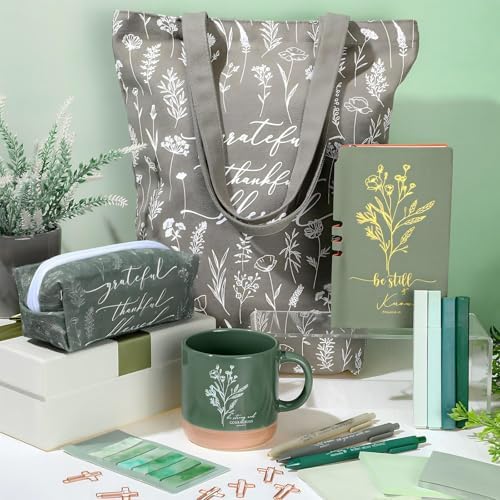 Reallnaive 25 Pcs Bible Study Kit for Women, Christian Gift with Notebook Mug Tote Bag Pouch Pen Highlighters Bible Journaling Supplies for Teen Girl, Teacher, Back to School, Church, Green