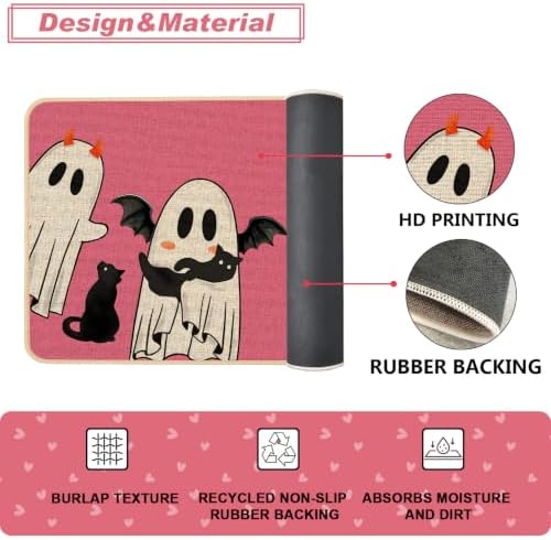 Baccessor Halloween Kitchen Rugs Set of 2, Pink Ghost Boo Black Cat Kitchen Mats for Floor Washable Low-Profile Farmhouse Spooky Holiday Home Indoor Outdoor Decor 17x29 and 17x47 Inch