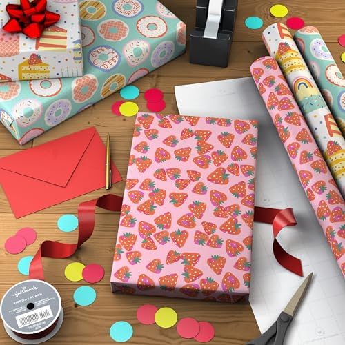 Hallmark Donuts and Strawberry Wrapping Paper Rolls for Birthdays, Valentine's Day, Teacher Appreciation (Set of 3 Rolls: 75 Sq. Ft. Total) Pink, Teal, White, Rainbow, Confetti