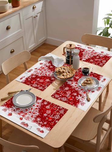 Red Christmas Placemat 1PC, White Xmas Tree Snowflakes Red Balls Heat Resistant Washable Table Place Mats Winter Cotton Table Linens Party Holiday Decor for Kitchen Dining Outdoor Indoor