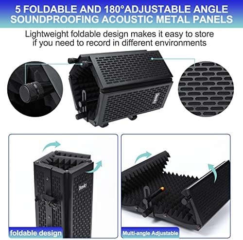 Dmsky Microphone Isolation Shield with Pop Filter & Tripod Stand, Foldable Mic Shield with Triple Sound Insulation, High Density Mic Sound Shield for Recording Studio, Podcasts, Singing, Broadcasting