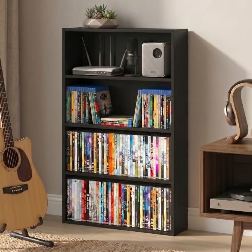 Furinno Basic DVD Shelf, 4-Tier CD Rack, Media Shelf, Espresso | 6 x 24 x 35, Open Shelf for DVD Blueray Game Disc, Storage Cabinets, for Living Room, Bedroom, Home Office