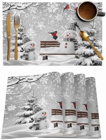 Winter Christmas Placemats Set of 6, Cute Snowman Cardinals Heat Resistant Washable Table Place Mats GreySnowy Pine Forest Cotton Table Linens Party Holiday Decor for Kitchen Dining Outdoor Indoor