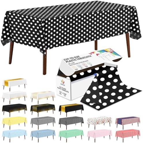 CXPSINC 54 Inch X 100 Feet Plastic Table Cover Roll Disposable Tablecloth with Slide Cutter for All Type/Shape Tables | Party, Banquet, Birthdays, Weddings(Black & White Dot, 100 Feet)