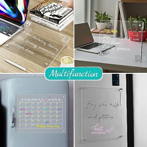 2PCS Clear Acrylic Calendar Dry Erase Board with Stand for Desk, 16x12 Large Desktop Monthly Whiteboard Magnetic Memo Board for Fridge, Office, School, Home