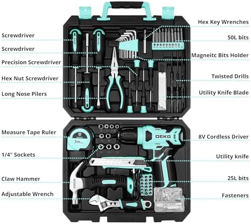 DEKOPRO Drill Set: Tool Set with 8V Cordless Drill, Home Tool Kit with Drill, Hand Tool Kits for Women 126 Piece, Turquoise
