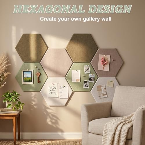 8 Pack Hexagon Cork Board Alternative for Walls Decor, 12" x 10" Self-Adhesive Felt Bulletin Board Tiles with 30 Pushpins, Acoustic Panels for Office,Classrooms (Minimalist Neutral)