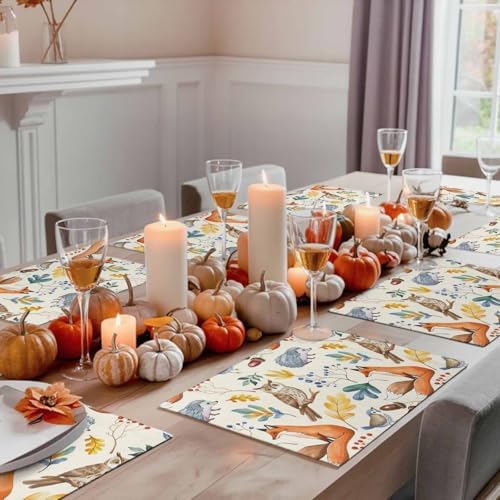 Fall Placemats for Dining Table Set of 6, Autumn Animal Place Mats Owl Bird Fox Leaves Thanksgiving Placemat Washable Harvest Autumn Table Mats for Kitchen Table Holiday Dinner Party Home Decor