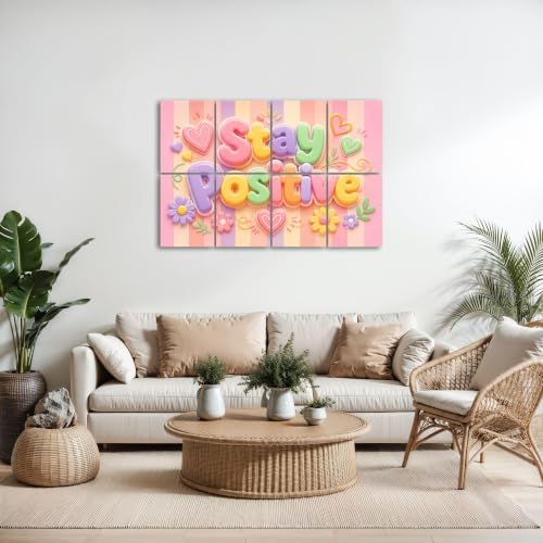 8 Pack Art Acoustic Panels Sound Absorbing Stay Positive Pastel Typography Hearts Flowers Striped Decorative Soundproof Wall Panels Self Adhesive for Home Recording Studios 48"x32"