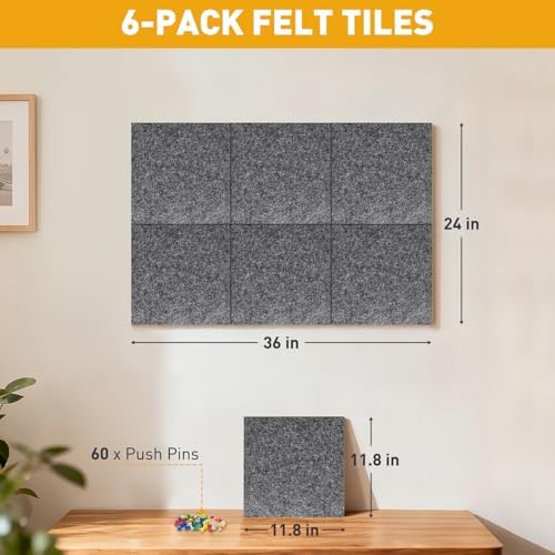 Fabric Bulletin Board 36"x24", 6-Pack Felt Wall Tiles, Gray