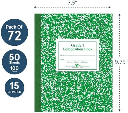ROARING SPRING Primary Composition Book, Handwriting Notebook for Kids (4K - 1st Grade), Grade 1 Ruled, 1" Skip-Line Manuscript Paper, Flexible Cover, 9.75" x 7.5", 50 Sheets/100 Pages, 72 Pack