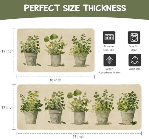 Spring Summer Farmhouse Kitchen Rugs and Mats Set of 2,French Herbs Wildflowers Flowers Floral Plants Non Slip Washable Floor Sink Mats Decorations for Home Kitchen 18"x48"+18"x30"