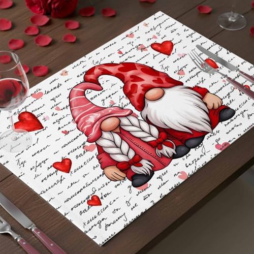 Valentine's Day Placemats Set of 6, Gnome Couple Place Mats Washable Dining Table Mats Wedding Anniversary Party Romantic Valentines Decor for Kitchen&Linens Outdoor Indoor, Red Love Heart Letter
