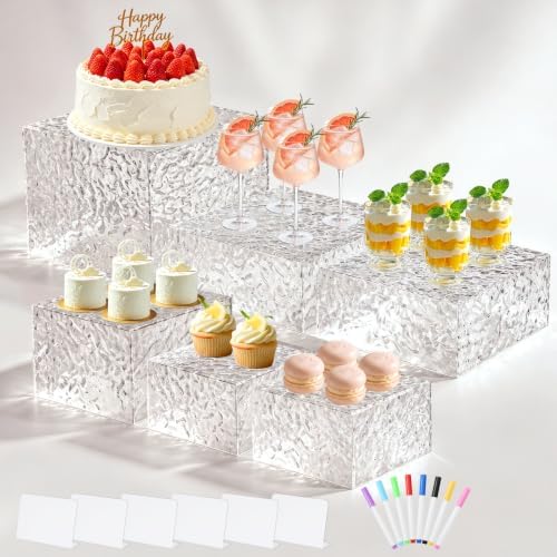Acrylic Buffet Risers with Mini Sign and Maker, Clear Hammered Water Ripple Dessert Display Stands for Catering Cakes Cupcakes Desserts Drinks Décor Acrylic Display Risers Stackable Nesting Storage