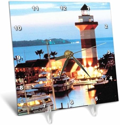 3dRose dc_61725_1 Harbor Town Lighthouse at Hilton Head Island at Dusk Desk Clock, 6 by 6-Inch
