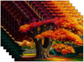 Batmerry Autumn Maple Trees Linen Placemats Set of 6, Fiery Red Leaves Houses Gardens Washable Table Mats for Kitchen Table Thickened Heat Insulation Dining Set Indoor Outdoor 12X18 in