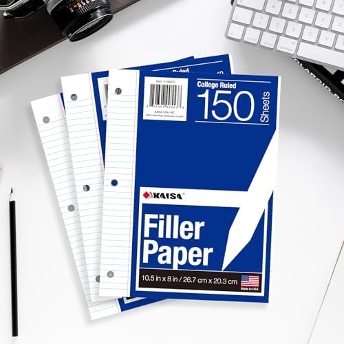 Kaisa Filler Paper Notebook Paper College Ruled 8"x10.5" Loose Leaf Paper for 3-Ring Binders 1800 Sheet/pack,12pack (Total 1800 Sheets)