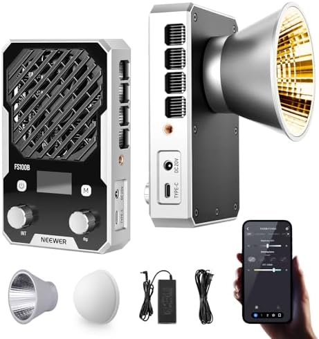 NEEWER 100W Ultra Compact LED Video Light APP/Panel Control, Pocket Size Bi Color COB Continuous Output Lighting with 4 Dimming Curves/2700K-6500K/CRI96+ for Studio Photography Recording, FS100B