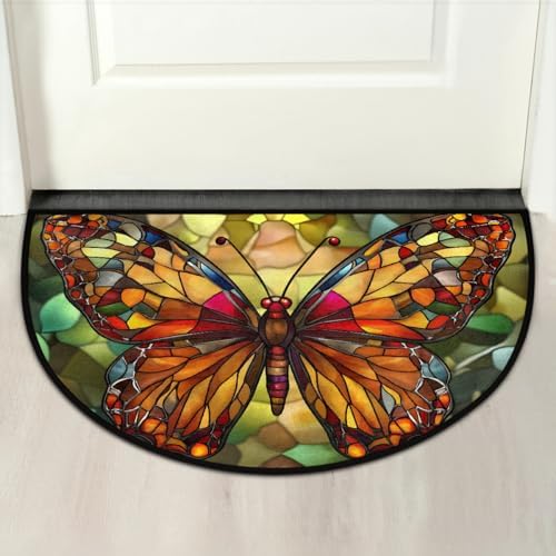 Stained Glass Butterfly Half Round Door Mat