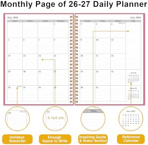 Daily Planner 2026-2027 - July 2026 to June 2027, 7" x 10", Pink