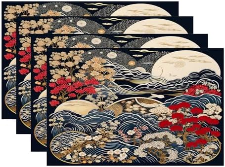 Batmerry Flowers Waves Linen Placemats Set of 4, Beautiful Nature Scene with Moon Washable Table Mats for Kitchen Table Thickened Heat Insulation Dining Set Indoor Outdoor 12X18 in