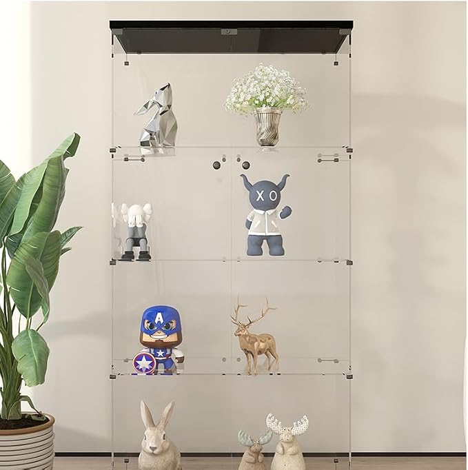 Frameless Glass Display Cabinet, Curio Cabinet Display Case with Lock and 2 Doors, Quick-Install Floor Standing Large Showcase Display Shelf for Collectibles, Legos, Figures, Plants