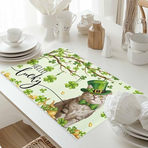 Funny Cat Green Shamrock Clover Placemats Set of 6, St. Patrick's Day Top Hat Cotton Linen Table Mats Non-Slip St. Patrick's Day Green Lucky Cat Magic Hat Placemat for Dining Kitchen Table Decor