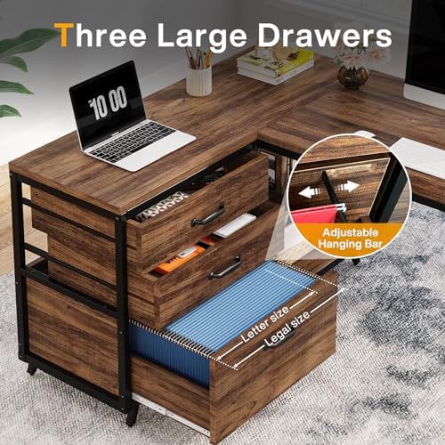 Tribesigns L-Shaped Computer Desk with 3 Drawers, Reversible Corner Home Office Desk with Shelves, 53-Inch Industrial PC Desk Study Writing Table Workstation for Small Space, Rustic Brown