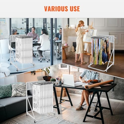 VEVOR Mobile Blueprint Storage Rack, Plan Holder with 12 Pivot Brackets, Mobile Blueprint Holder Adjustable Height & Length, Poster Display Rack for Office and Home (Rack Only Without Clamps)