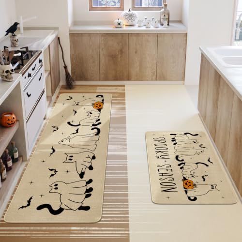 Ghost Black Cat Halloween Kitchen Rugs and Mats Set of 2, (17"x47"+17"x30") Gothic Cute Spooky Season Pumpkin Trick Or Treat Non Skid Washable Runner Rugs for Home Decor Decorations and Accessories