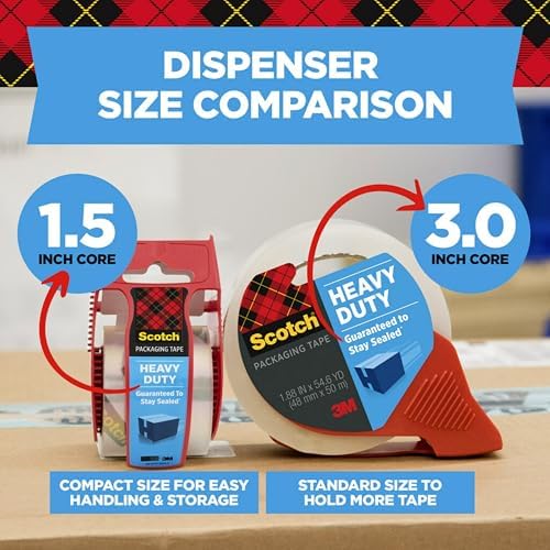 Scotch Heavy Duty Shipping Packaging Tape, 1 Roll with Dispenser, 1.88" x 22.2 Yards, 1.5" Core, Great for Packing, Shipping & Moving, Clear (142)