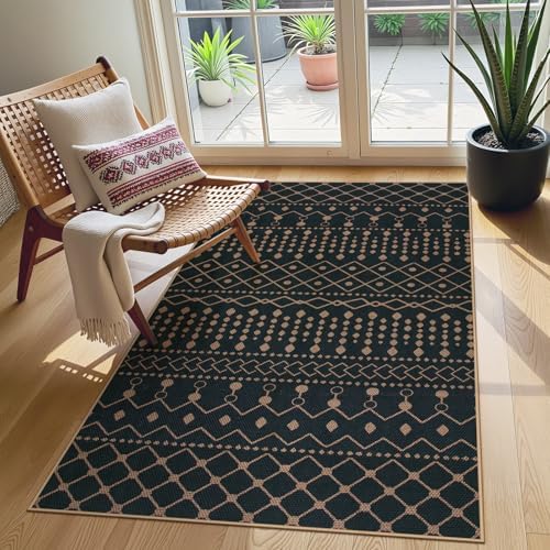 Lahome Moroccan Easy Jute 3x5 Outdoro Rug, Black and White Entryway Rug