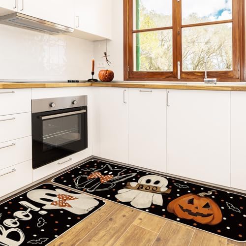 JarThenaAMCS Halloween Kitchen Mats Set of 2 Ghost Pumpkin Boo Kitchen Floor Mat Non-Slip Spooky Decorative Bathroom Rugs, 17 x 29 Inch & 17 x 47 Inch