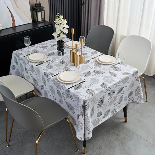LIBERECOO Monochrome Leaf Whisper Vinyl Tablecloth with Flannel Backing – Elegant Black & White Leaf Design – Waterproof, Durable, Lightweight