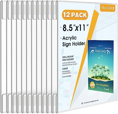 MaxGear Acrylic Sign Holder 8.5 x 11 Wall Mount with Tape, 12 Pack