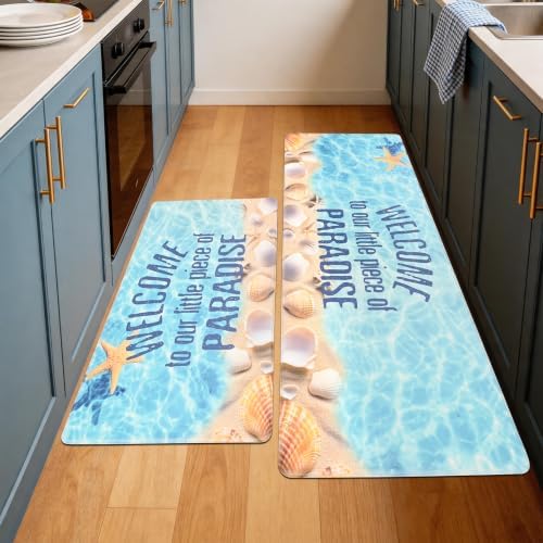 Coatal Beach Theme Kitchen Mats Rugs Set of 2 Anti Fatigue Kitchen Mats for Floor Cushioned Waterproof Non Slip Comfort Standing Mat for Sink Laundry, Ocean Blue