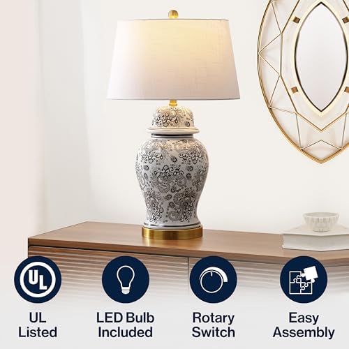 JONATHAN Y Ellis Chinoiserie Ginger Jar Table Lamp 29.5", Gray/White
