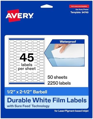 Avery® Printable Durable White Barbell Labels, Sure Feed® Technology, 0.5" x 2.5", Waterproof Labels, Laser & Pigment-Based Inkjet Compatible, 2250 Total