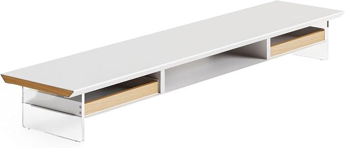 Fenge 42.5-Inch Monitor Stand with 2 Flexible Drawers, White | Metal Shelf, Solid Wood Accents, Clear Acrylic Legs, Modern Desktop Organizer for Dual Monitors, Laptop & Printer