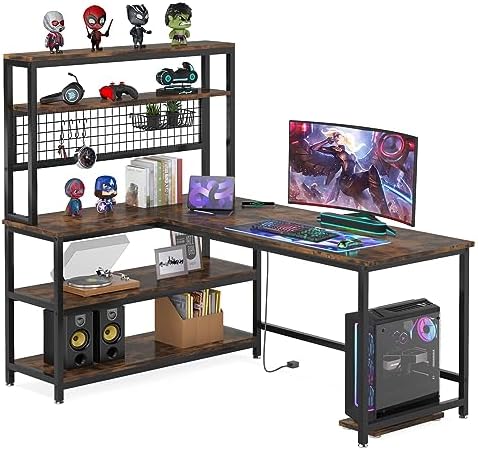 LITTLE TREE L-Shaped Computer Desk 55 Inch Reversible Office Desk Study Writing Table with Wireless Charging and Bookshelf for Home Office, Brown