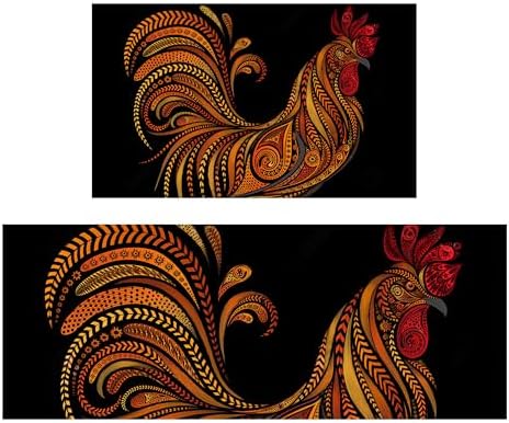 Rooster Kitchen Rugs and Mats for Floor 2 Piece Sets, Farmhouse Rooster Kitchen Rug, Black Chicken Kitchen Mat in Front of Sink for Standing for Country Kitchen Decor 17"X30"+17"X47"