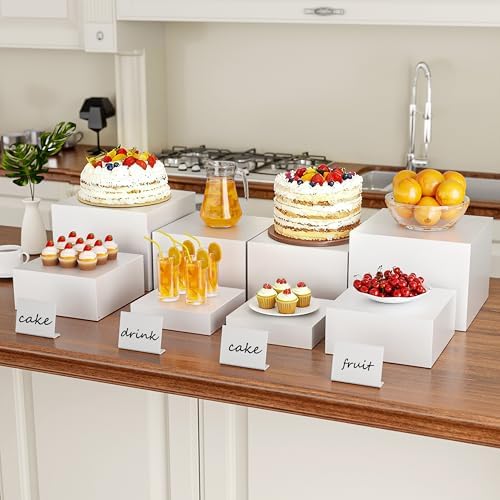 Metal Buffet Risers,4PCS OVERSIZED Food Risers for Buffet Table 8IN to 11IN Display Stand with Mini Acrylic Signs for Catering Dessert Wedding Collectibles Jewelry Figures Show Grayish White Cube Boxes Nesting Risers with Hollow Bottoms