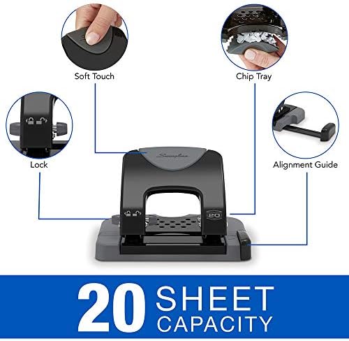 Swingline 2 Hole Punch, 20 Sheet Capacity Hole Puncher, Paper Punch, SmartTouch Low Effort Comfort Handle, Alignment Guide, Black & Gray (74135) (Pack of 6)