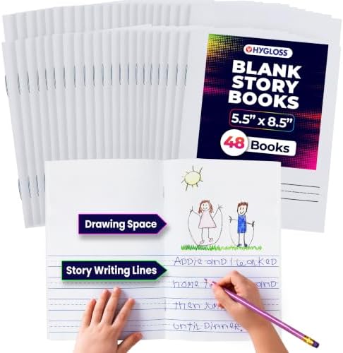 Hygloss Half Blank Books for Kids to Write Stories & Illustrate – Bulk 48 Pack – 5.5" x 8.5" A5 – Primary Journal for Grades K-2, Preschool/Kindergarten Notebook with Picture Space – 24 Pages, White