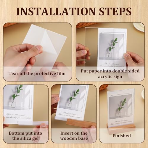 8 Pack Clear Acrylic Sign with Wood Base T Shape Sign Holder Vertical Acrylic Blank Stands Desktop Display Plastic Menu Frames Double Sided Flyer Stand for Wedding Restaurant Party Decoration