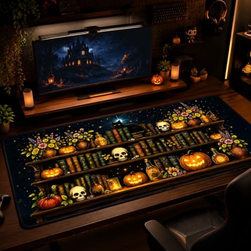 Pumpkin Bookshelf Large Mouse Pad, Black Cat Skull Desk Mat, 31.5"x15.75"