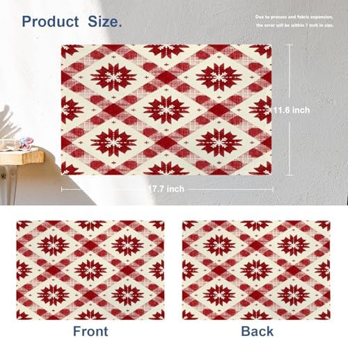 Batmerry Buffalo Check Snowflakes Linen Placemats Set of 4, Christmas Red Ivory Pattern Washable Table Mats for Kitchen Table Thickened Heat Insulation Dining Set Indoor Outdoor 12X18 in
