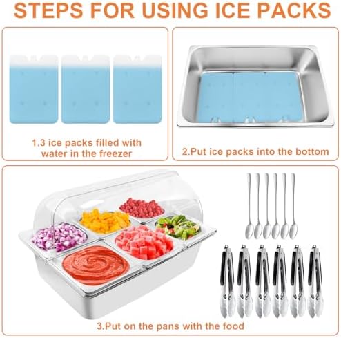 Countertop Food Serving Display Container with Clear Roll Top Cover, Catering Supplies Buffet Display, Perfect Salad Bar Buffet Station for Home and Catering Supplies, Cold Food Buffet Server(6 Pan)